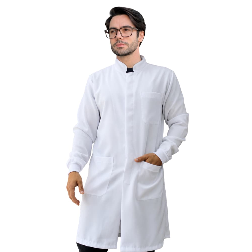 Jaleco Avental Masculino Oxford Branco Botão Gola Padre Elástico Punho Estudante Acadêmico