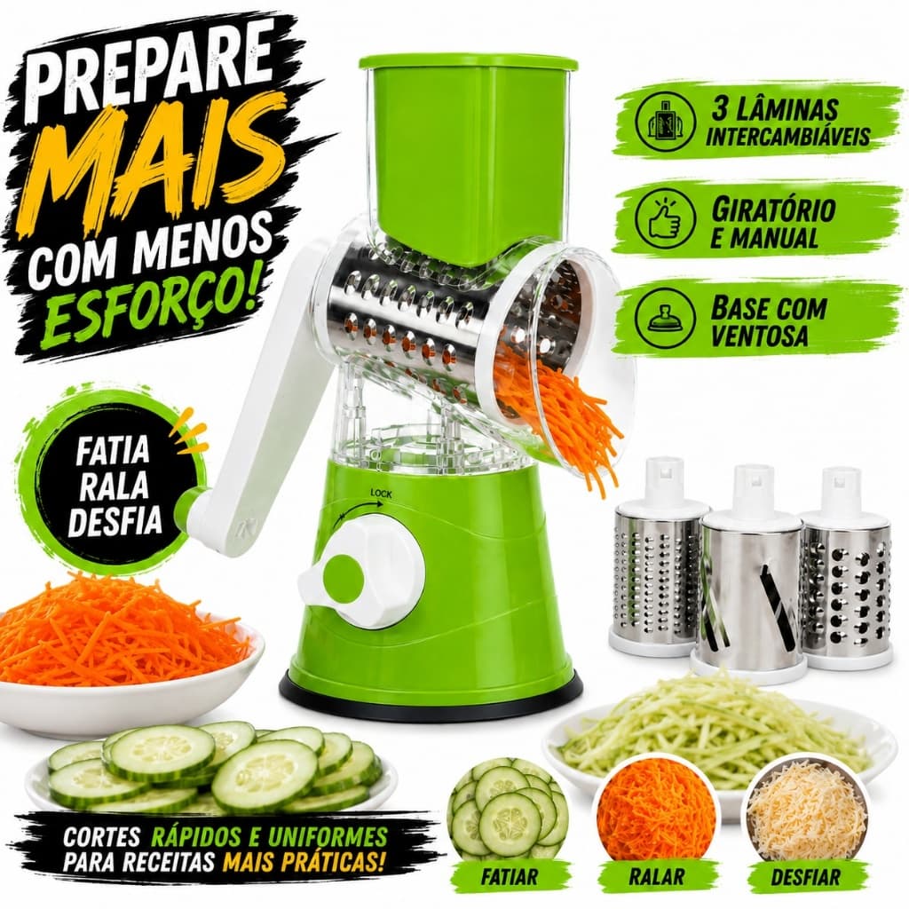 Cortador Ralador Manual 3 Lâminas Fatiador Legumes Verduras Frutas Tabletop Giratório