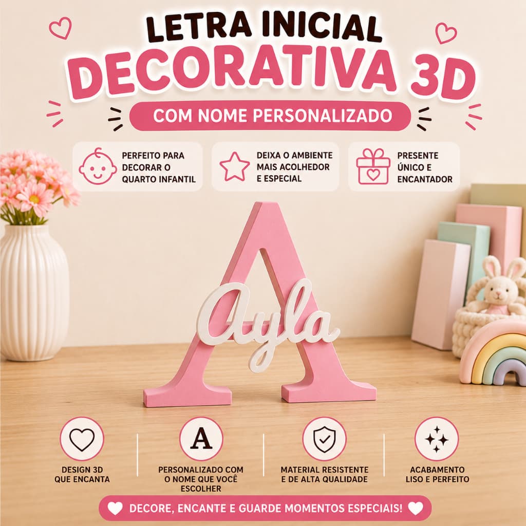 Letra Inicial Decorativa 3D com Nome Personalizado Quarto Infantil