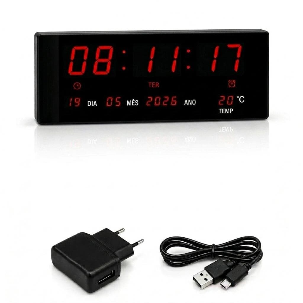 RELOGIO DE PAREDE LED DIGITAL TEMPERATURA CALENDARIO 36X15CM P/ Academia Hospital E RECEPÇÃO