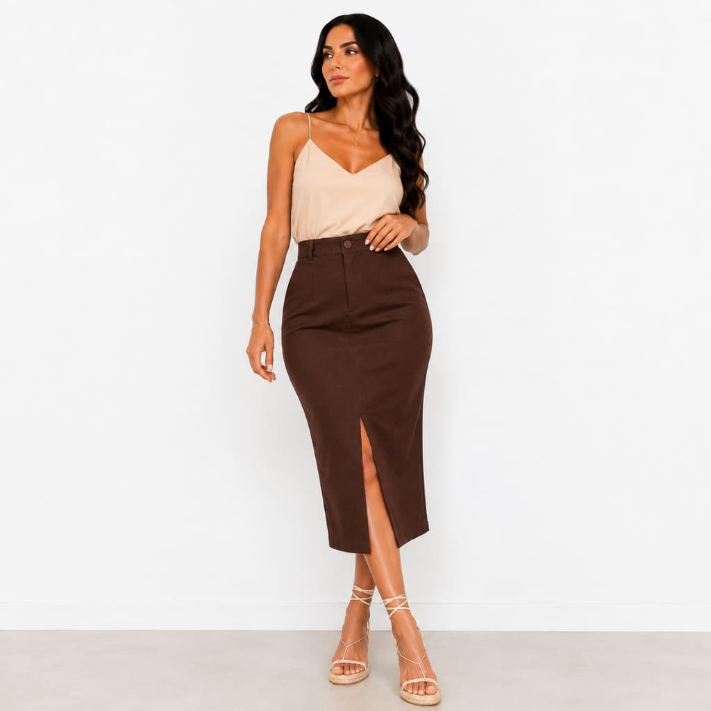 Saia Midi Com Fenda Corte Frontal Elegante Evangélica