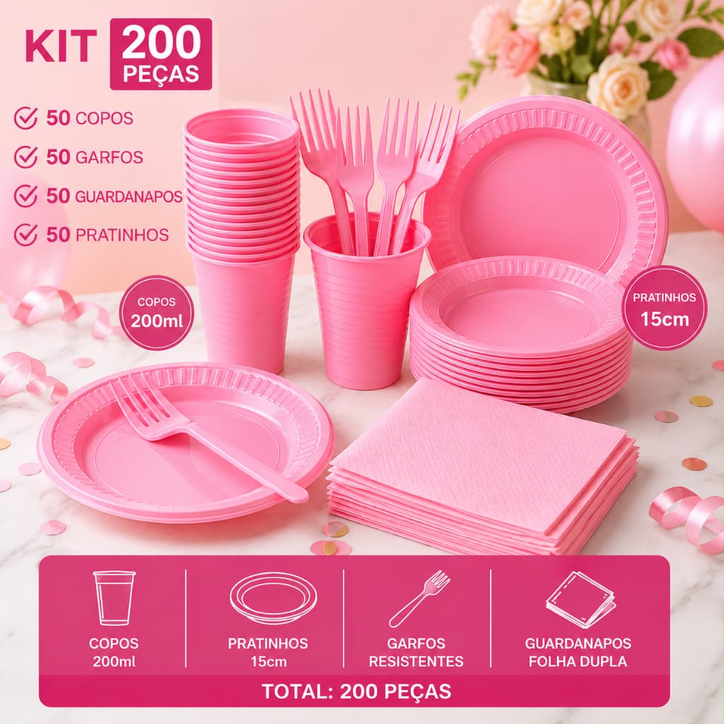 Kit Festa Completo 200 Peças Copos Pratos Talheres Descartáveis Guardanapos Aniversário e Eventos