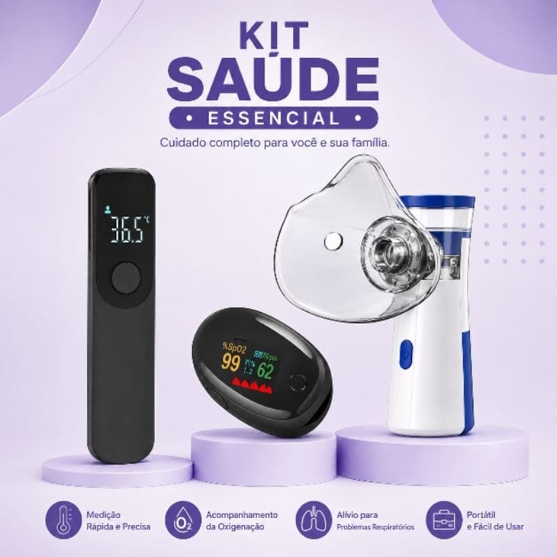 Kit Saúde 3 em 1 Termômetro Infravermelho + Oxímetro + Inalador Nebulizador Portátil e compacto/ Adulto e infantil
