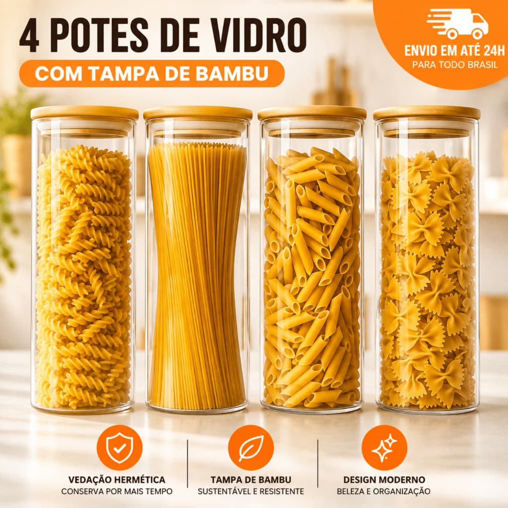 Kit 4 Potes Vidro 1800ml Tampa Bambu Hermético Mantimentos Condimentos Empilhaveis