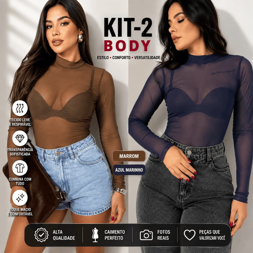 Body Feminino Kit-2 Tule transparente Manga Langa Coloridos Moda Blogueira