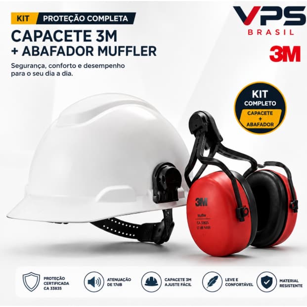 Kit Capacete de Segurança 3M Ajuste Fácil + Abafador de Ruído Muffler 17dB CA 33835 Protetor Auricular EPI