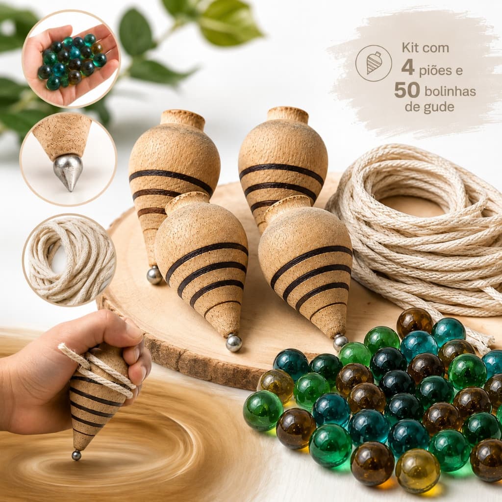 Kit 4 Pião De Madeira + 50 Bolinhas De Gude Fubeca Retro  Marrom