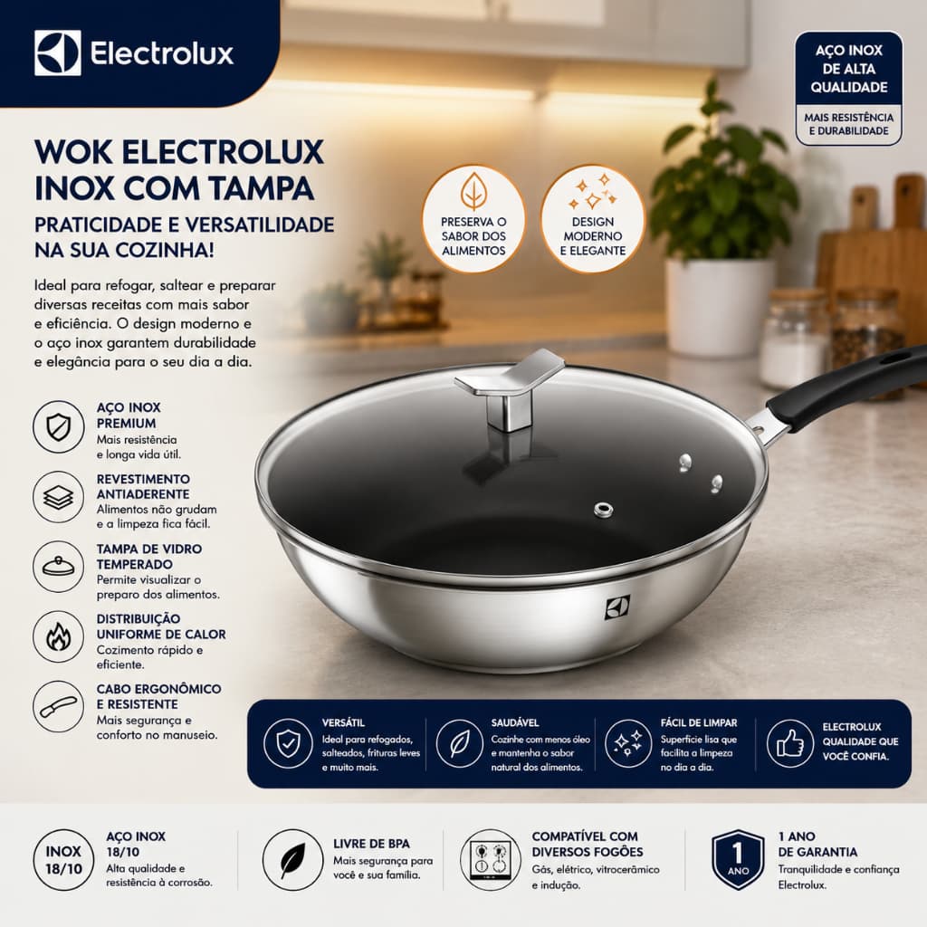 Panela Wok Antiaderente Electrolux Design 28cm Inox 3,6L com Tampa de Vidro Fundo Triplo Indução