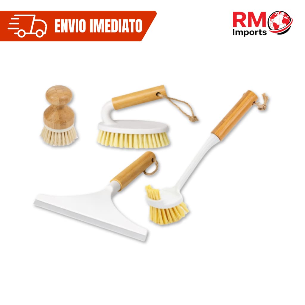 Kit Limpeza Banheiro Cozinha Rodo de Pia + 3 Escovas de Bambu Multiuso