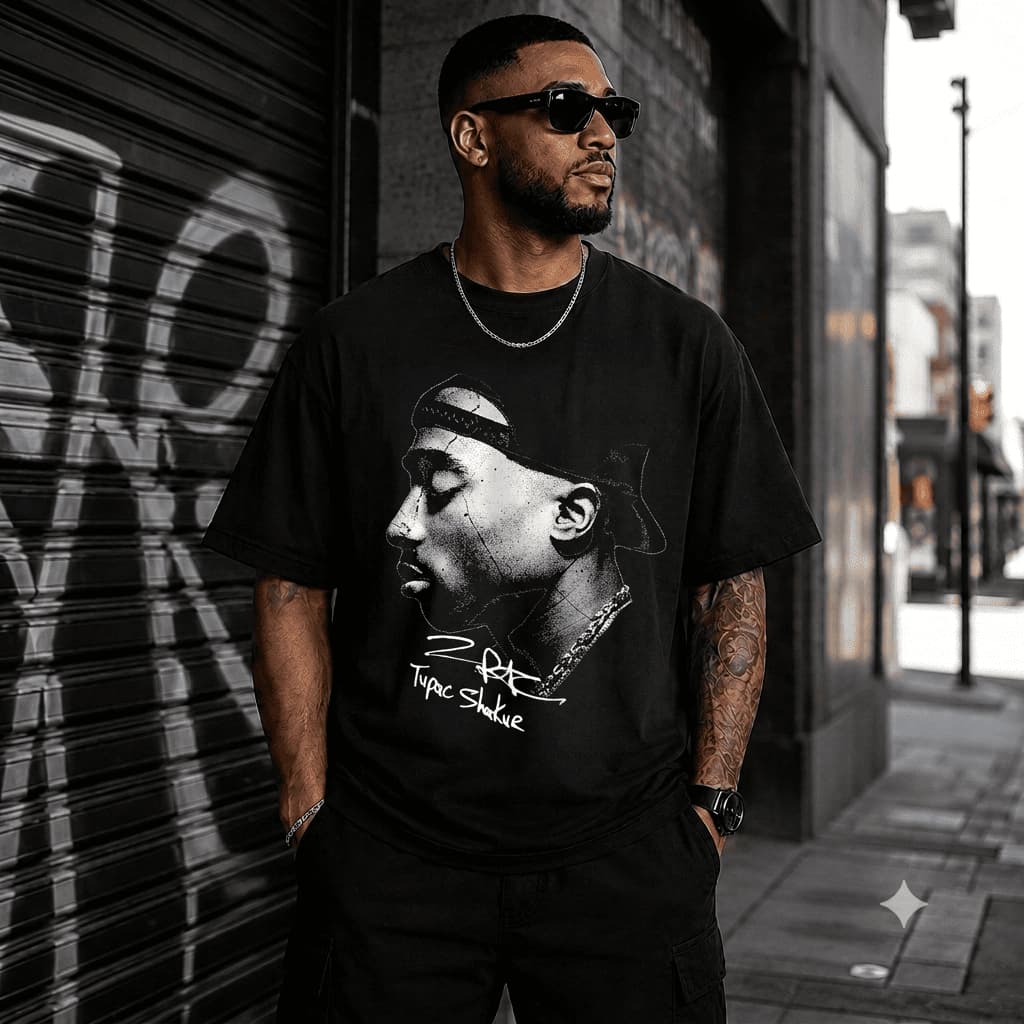 Camiseta Leve Rapper Cantor 2Pac Tupac Shakur All Eyez On Me Ídolo Homenagem Estampa Preto E Branco Perez Hilton colisao