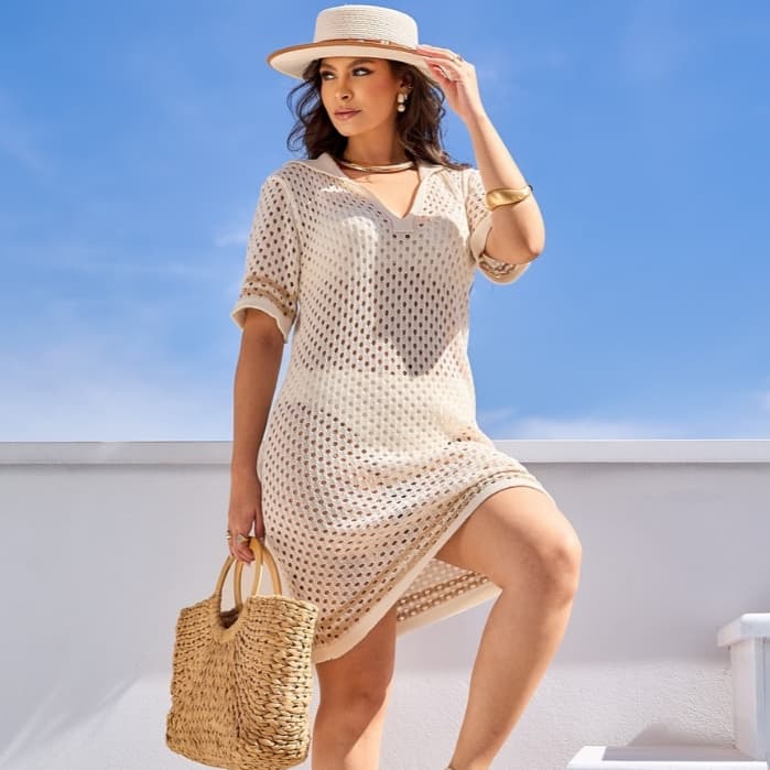 Saída Vestido Curto de Praia Elegante e Luxuoso Verão Tendência Decote V Rendada