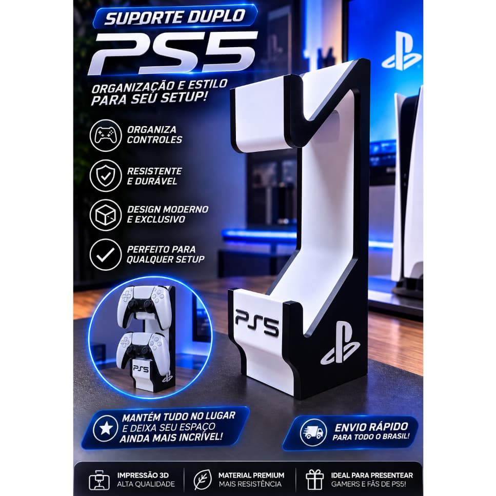 Suporte Controle Playstation 5 PS5 Duosense Suporte Duplo Console GTA6 Nerd Ganer Geek Organizador de Mesa Jogos Xbox