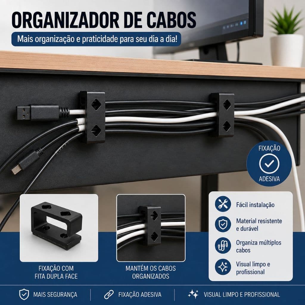 Organizador de Cabos e Fios para Mesa | Passa Fio Adesivo ou Parafuso | Home Office Gamer PC Monitor TV