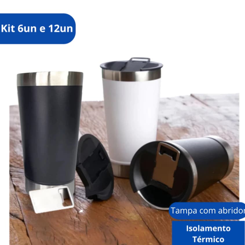 Kit 6/Kit12 Copos Térmicos de Cerveja Inox com Tampa Abridor Garrafa 473ml (Sem caixa)
