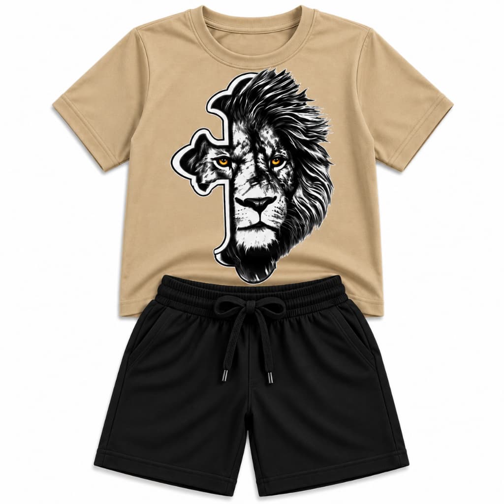 Kit Infantil Leão Cristão Camiseta e Bermuda Menino Roupa Infantil Gospel Fé Cruz Casual Confortável