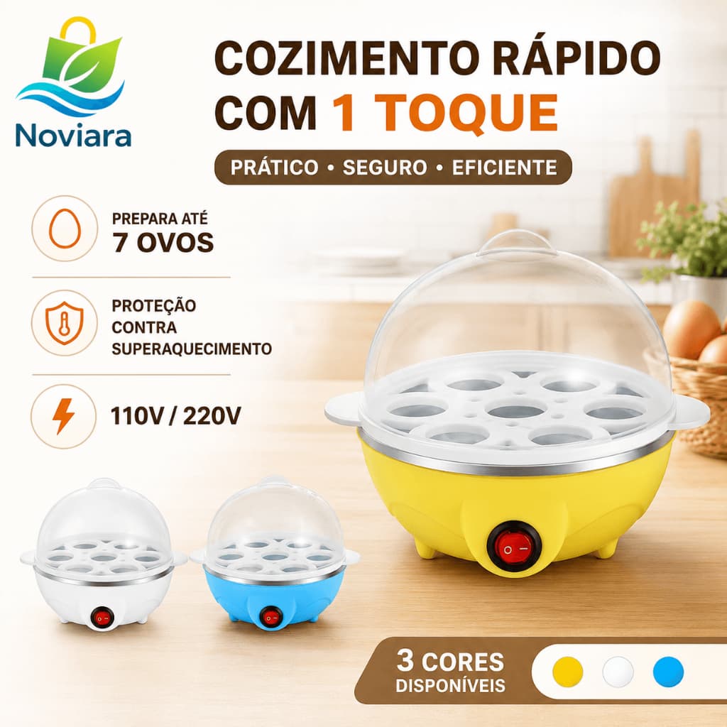 Cozedor de Ovos Elétrico para 7 Ovos, Panela a Vapor Portátil 1 Camada, 110V ou 220V, 3 Cores