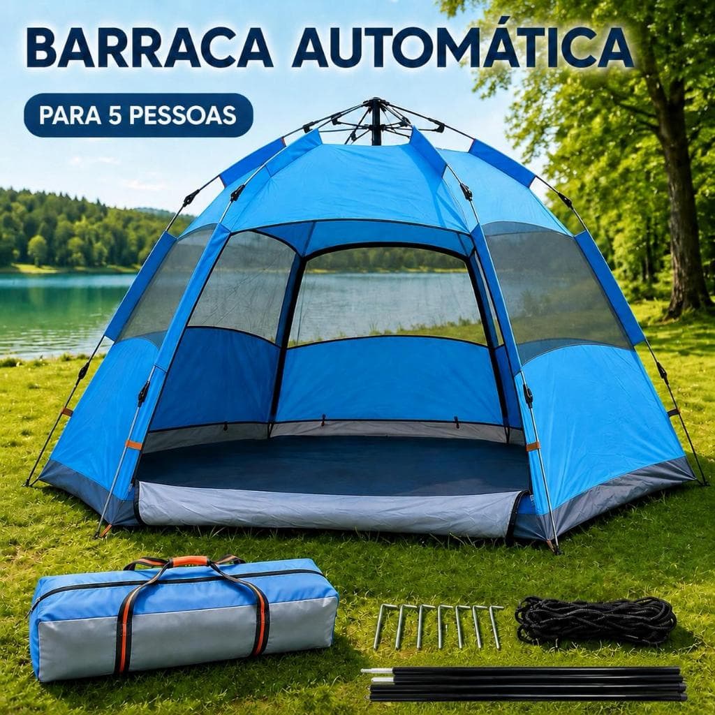 Barraca Camping Automática 5 Pessoas Hexagonal 270x270x145cm Oxford 210D Impermeável 3000mm Mosquiteiro B3