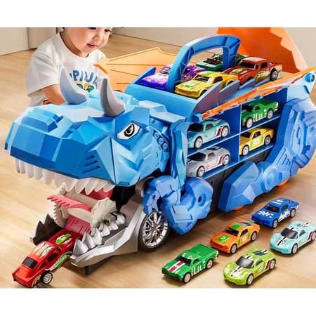 Brinquedo Caminhão Dinossauro Engolidor 2026 Porta-Carrinhos + 4 Carrinhos de Metal – Presente Infantil Criativo