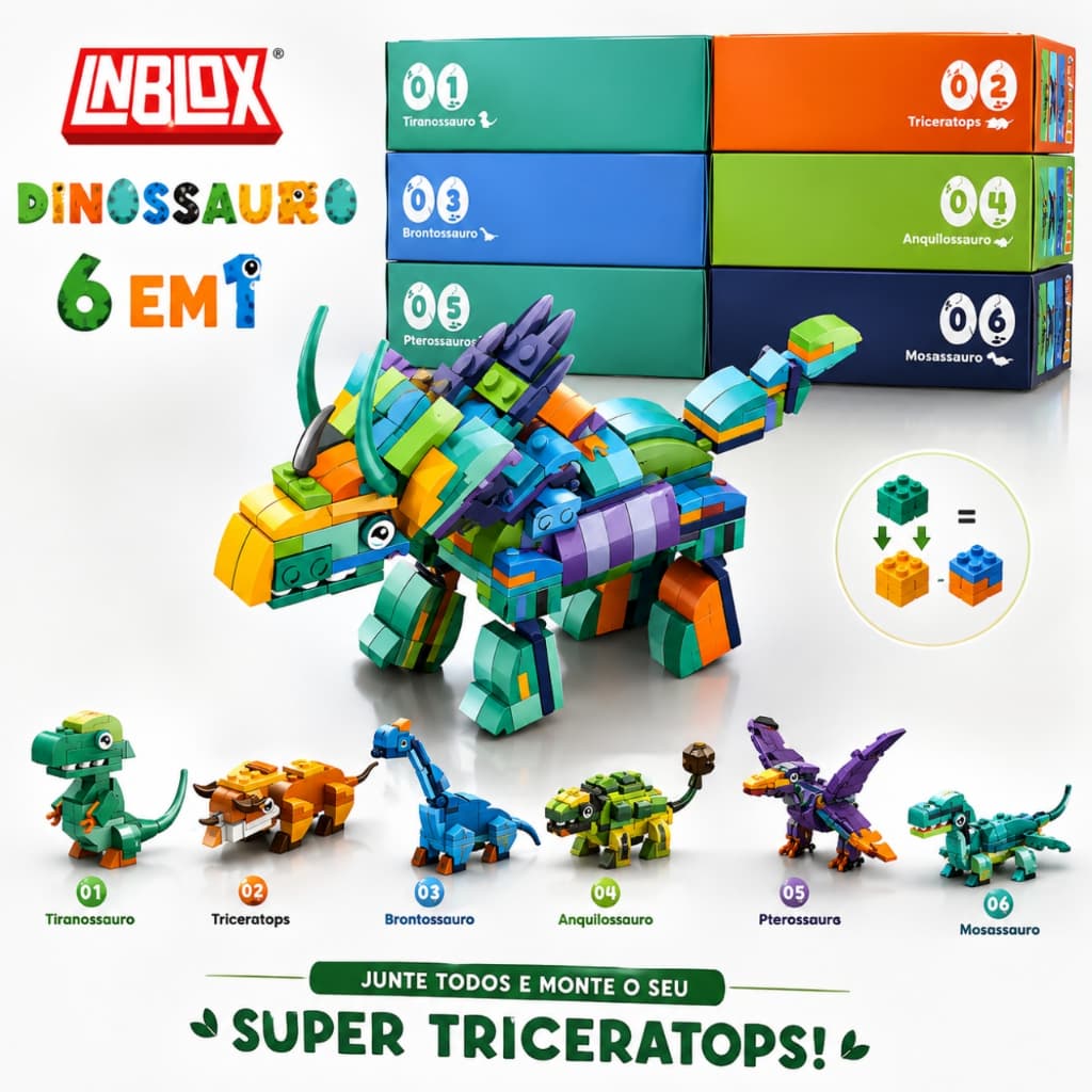 Blocos de Montar Dinossauro Inblox 6 em 1 Infantil +3 Anos | Escolha seu Modelo ou Complete a Coleção com 407 Peças