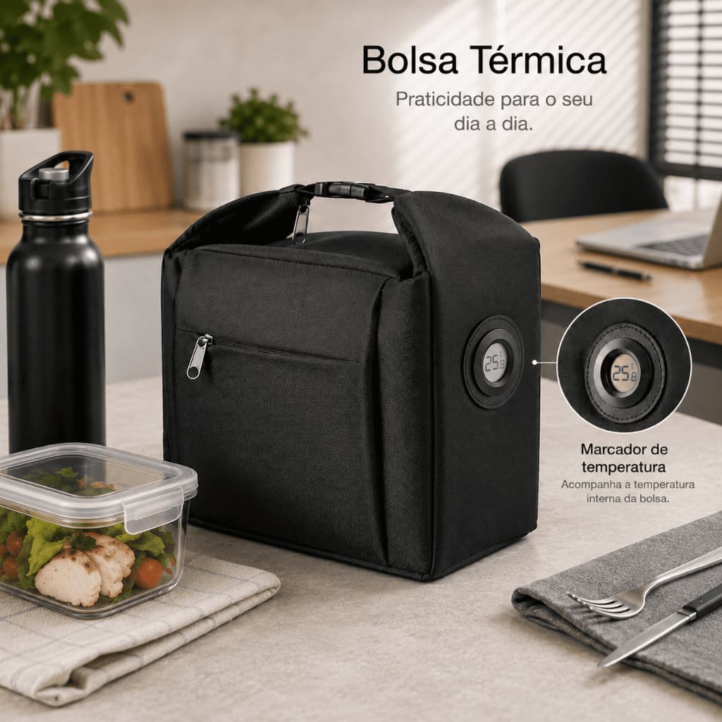 Bolsa Térmica 5,5 Litros com Marcador de Temperatura e Bolso com Zíper Lancheira Cooler Bag Viagem
