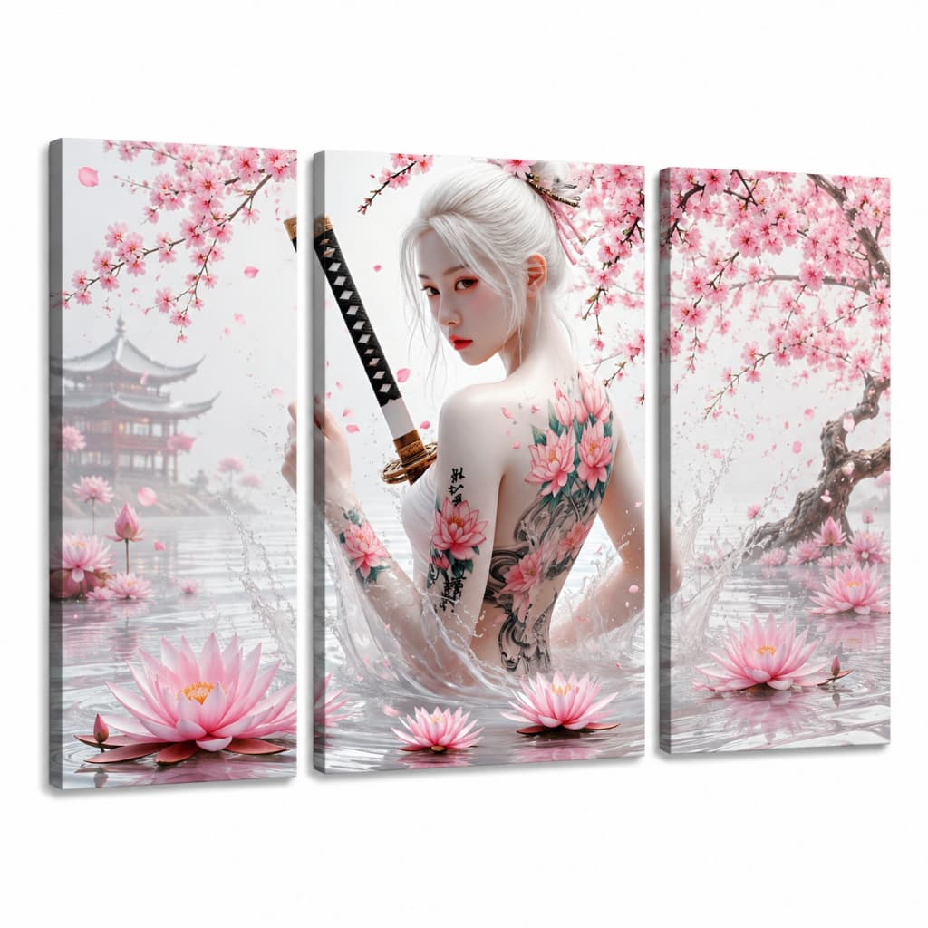 Kit 3 Quadros Decorativos Gueixa Samurai Rosa com Flores de Cerejeira para Sala e Quarto