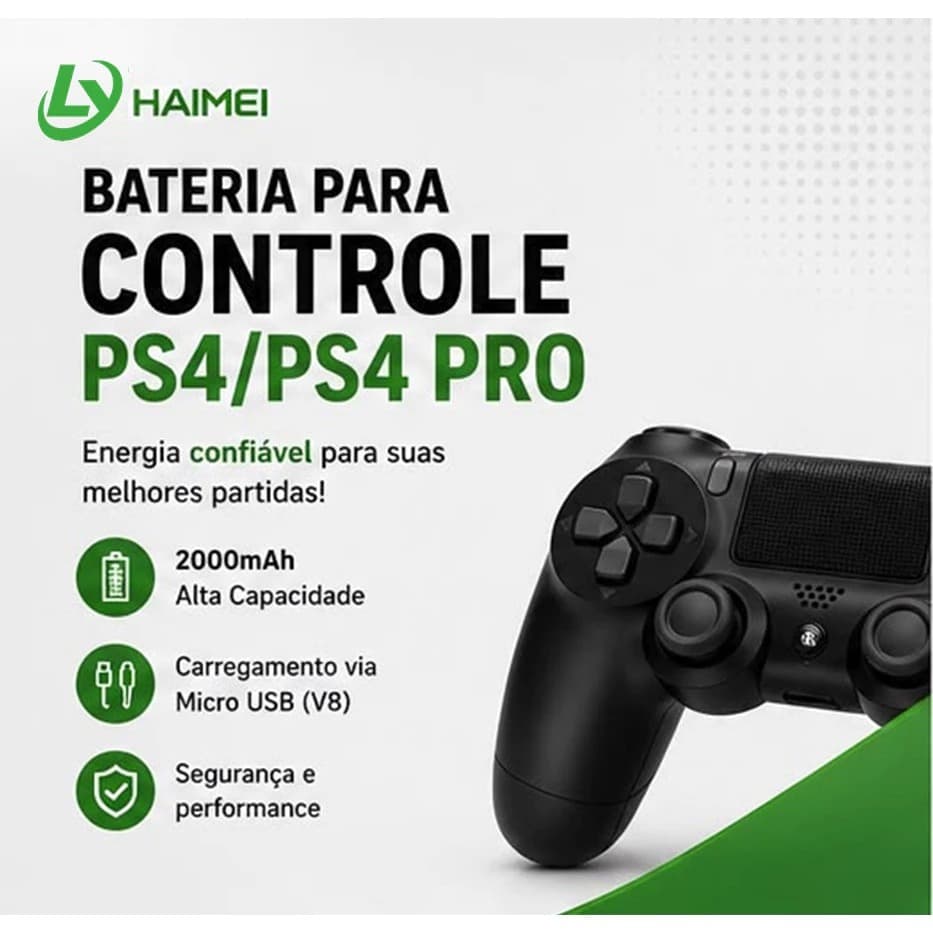 Bateria Controle PS4 E PS4 Pro Alta Capacidade 2000mAh + Cabo Micro USB V8