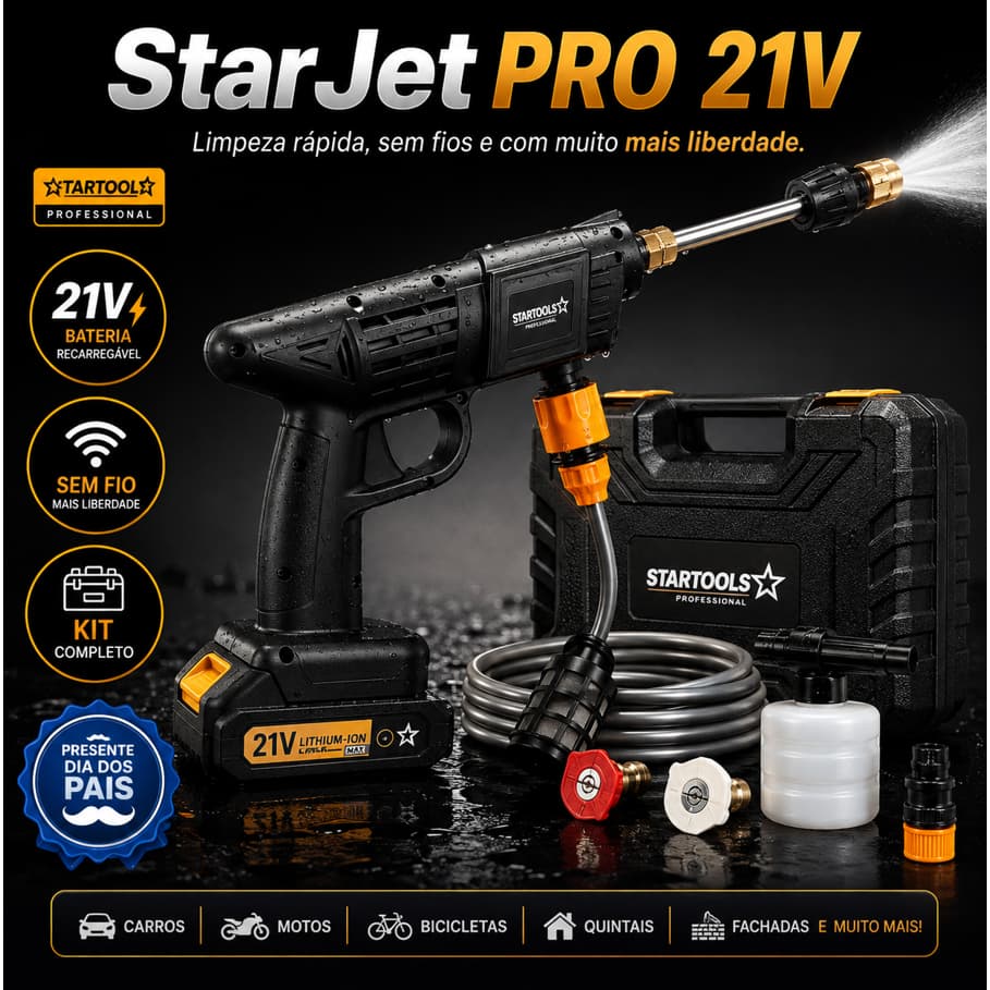 Lavadora de Alta Pressão Portátil Sem Fio StarJet PRO 21V com Bateria Recarregável, Espumador, Maleta| Dias dos Pais