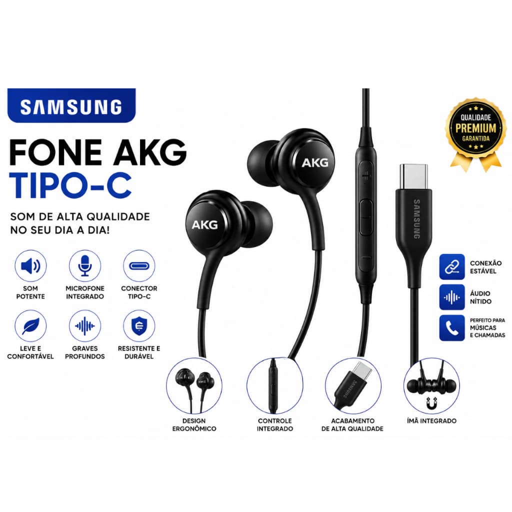Fone de Ouvido AKG Tipo C para Celulares com Conexão USB Tipo C