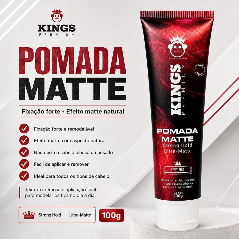 Pomada Cera Modeladora Kings Premium Bisnaga 100g - Efeito Matte, Seco e Fixação Forte – Queima de Estoque