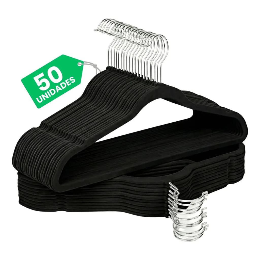 Kit 50 Cabides Veludo Preto Slim Premium Antideslizante Giratório 360° Para Roupas Closet