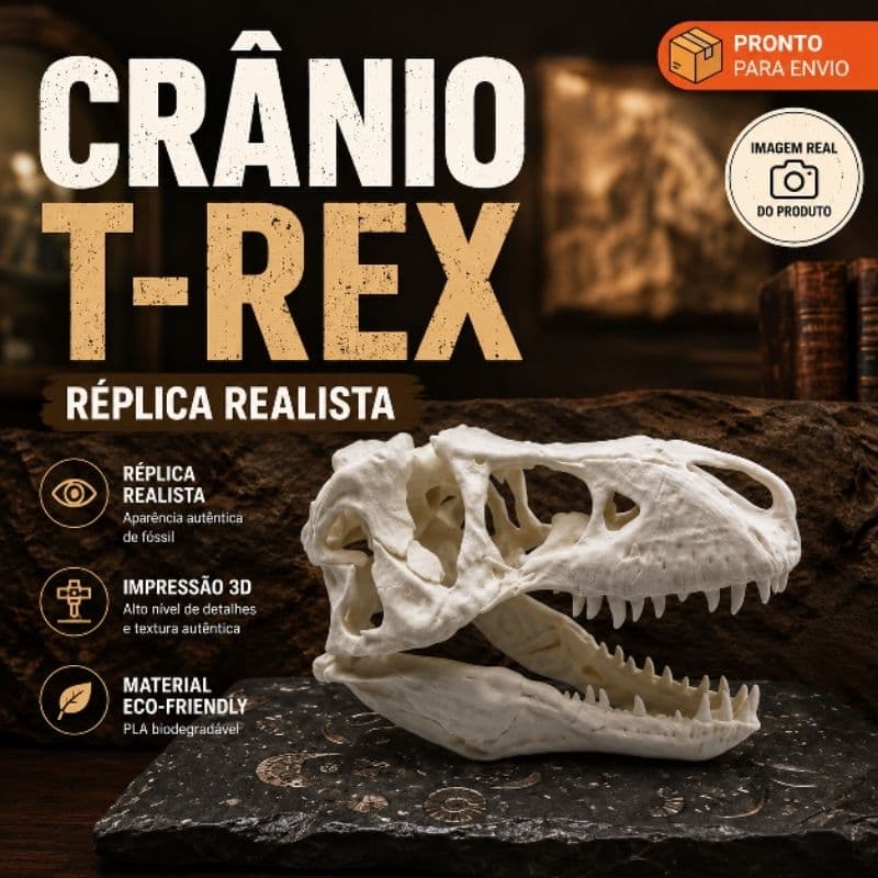 Crânio T-Rex Decorativo Realista | Réplica de Fóssil em Impressão 3D | Dinossauro | Colecionável | Presente Geek | tam M