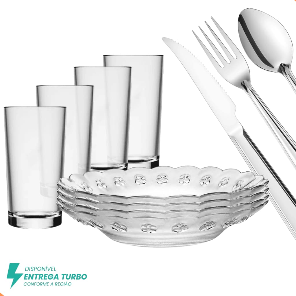 Aparelho De Jantar 20 Peças - Pratos Fundos de Vidro, Copos 225ml e Talheres Inox -