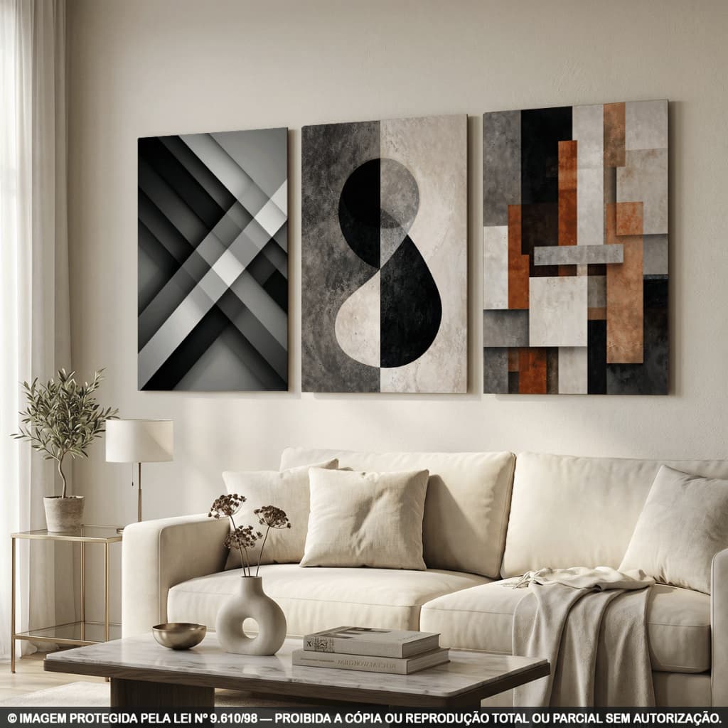 Quadros Decorativos Abstratos Geométricos Preto Cinza Industrial Moderno Minimalista Sala