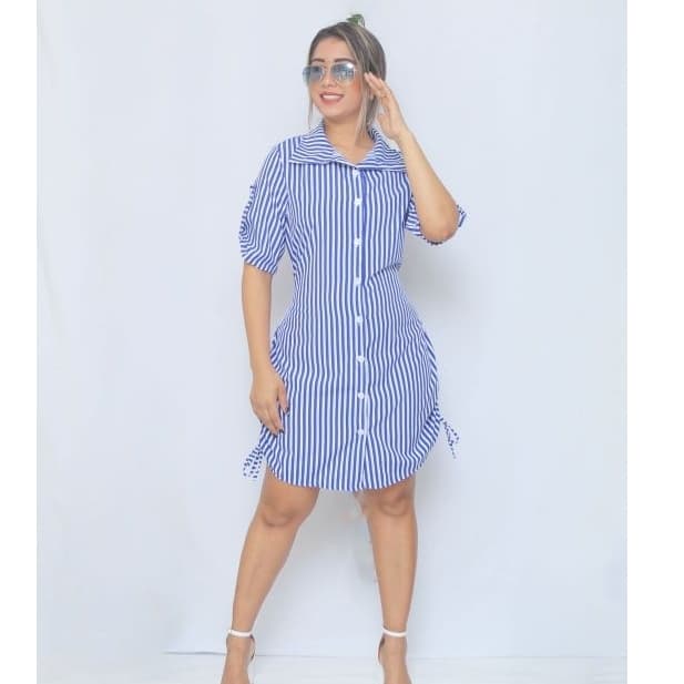 Vestido Femenino Chamise Social em Tecido Crepe Listrado – Estilo Casual e Sofisticado