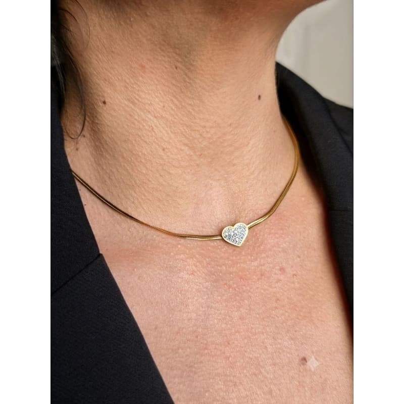 Colar Feminino Aço Inoxidável Dourado Coração Cravejado com Zircônias Ajustável Antialérgico