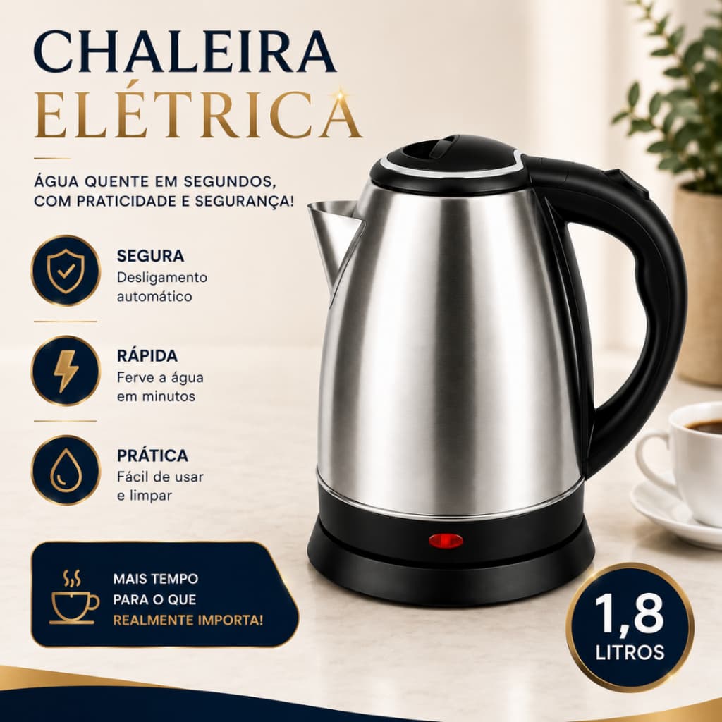Chaleira Elétrica Inox 1,8 Litros Desligamento Automático 127V Jarra 1,8L para Chá Café Água com Base Giratória