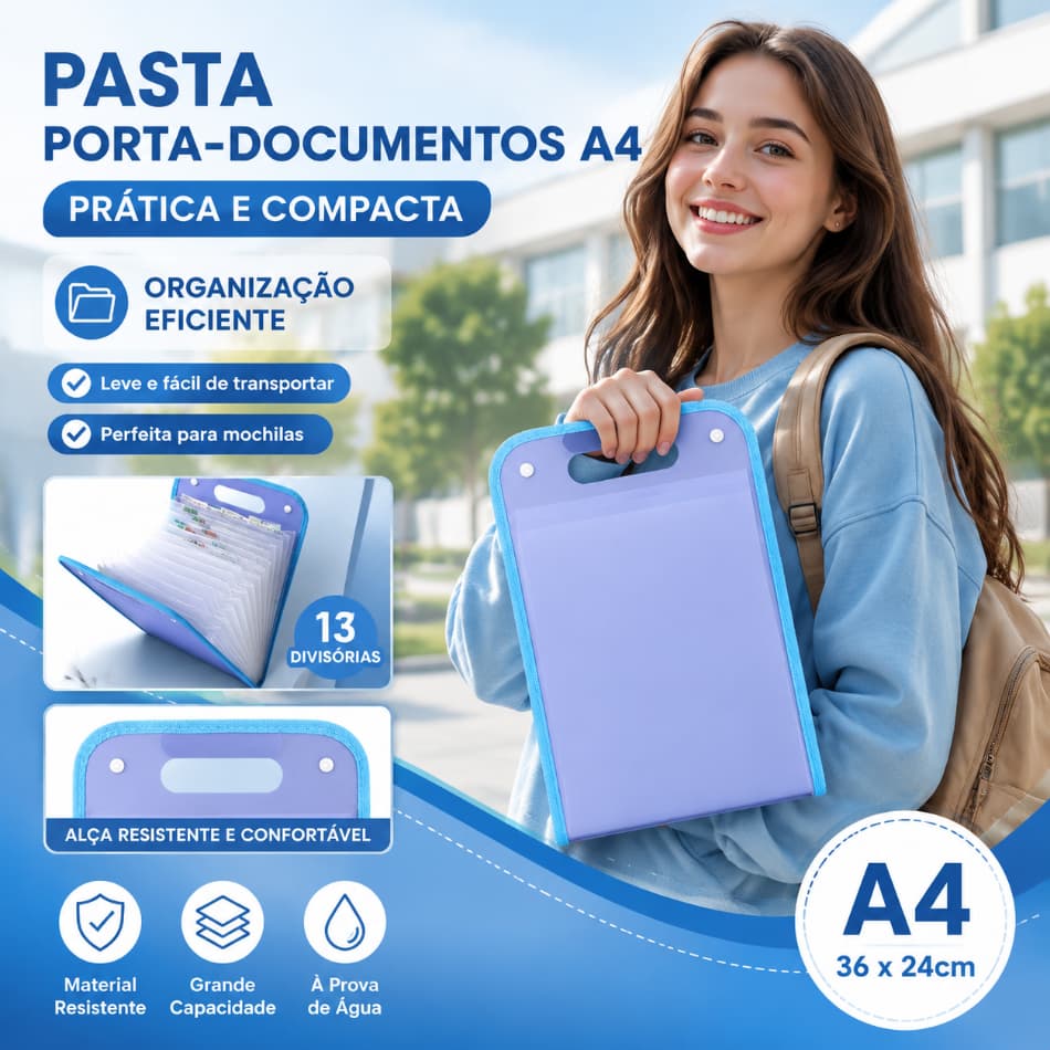 Pasta Porta Documentos A4 Sanfonada 13 Divisórias com Alça Para Provas e Trabalhos Escolares