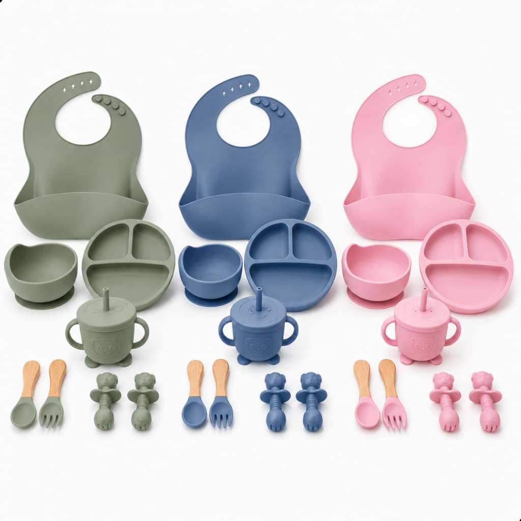Kit Alimentação para Bebê criança Prato Babador Copo Silicone Infantil menino menina 8pçs