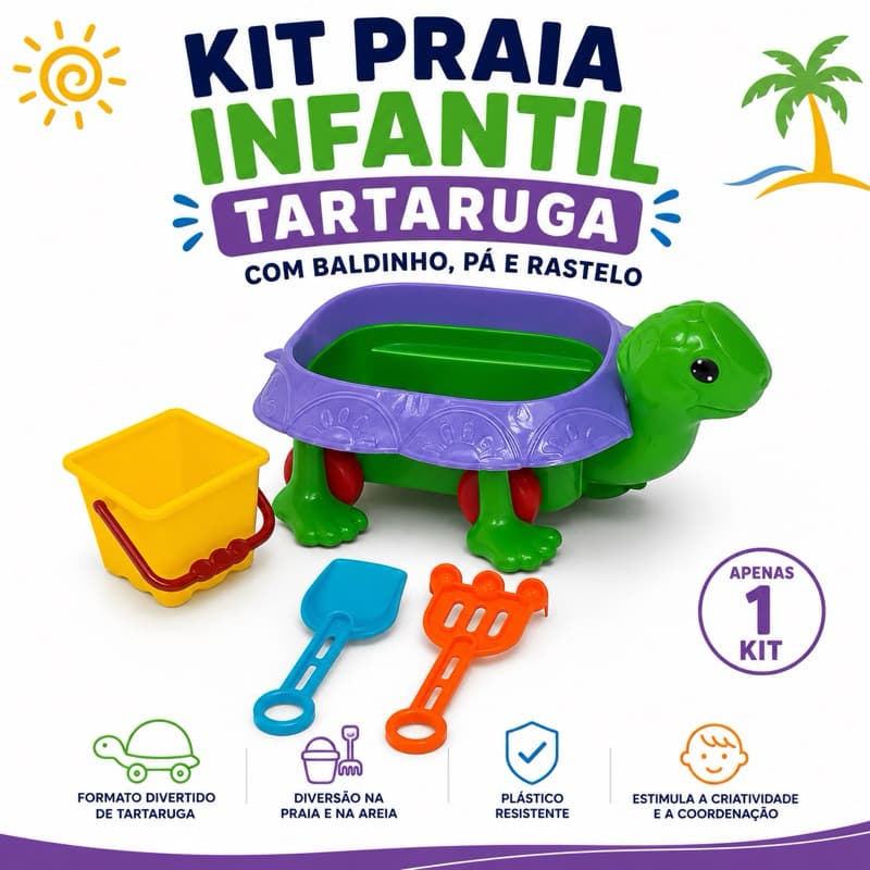 Carrinho Tartaruga Infantil para Praia com Baldinho Pá e Rastelo 4 Peças