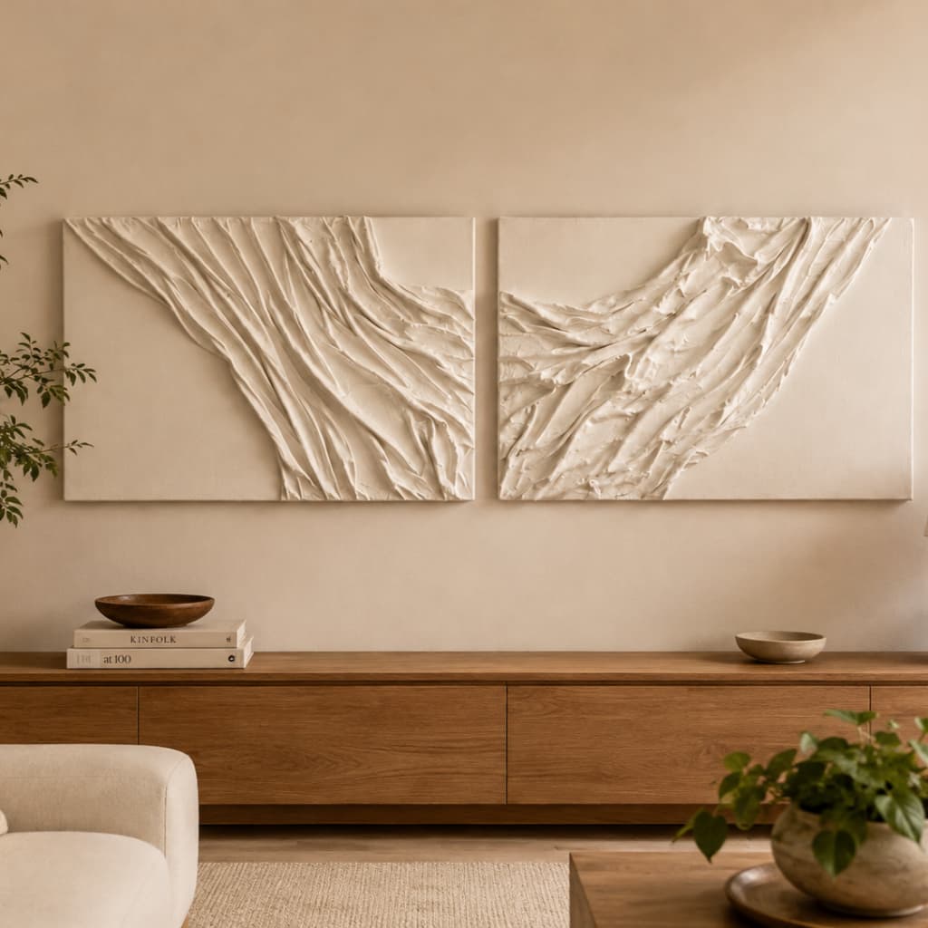 Dupla de Quadros Decorativos em Tecido 3D 100x80cm Arte em Movimento Branco Texturizada Personalizada