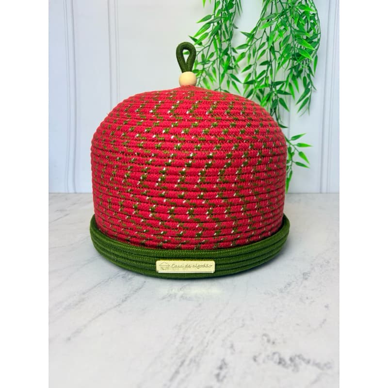 Porta panetone em corda de algodão vermelho com verde