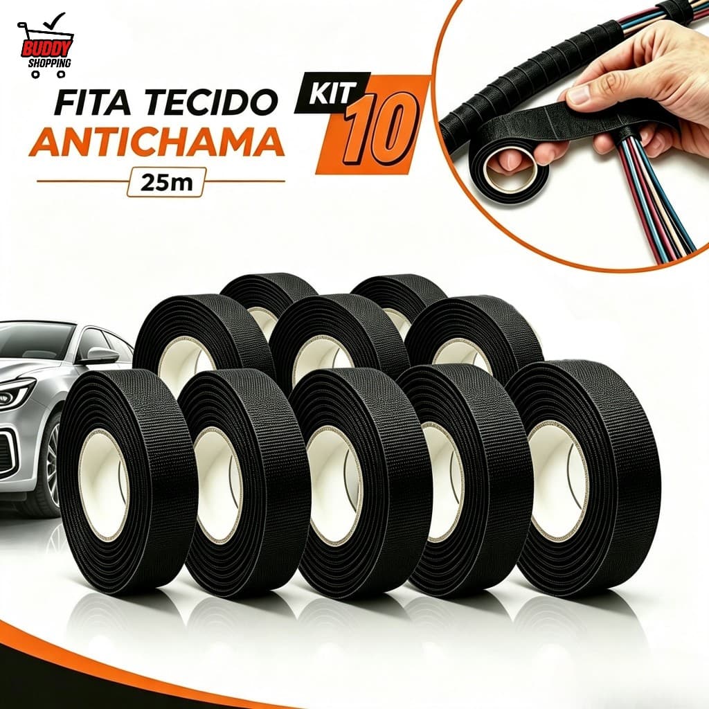Kit 10 Fita Isolante Tecido Lonada Antichama 30M Para Chicote Automotivo Fios e Cabos