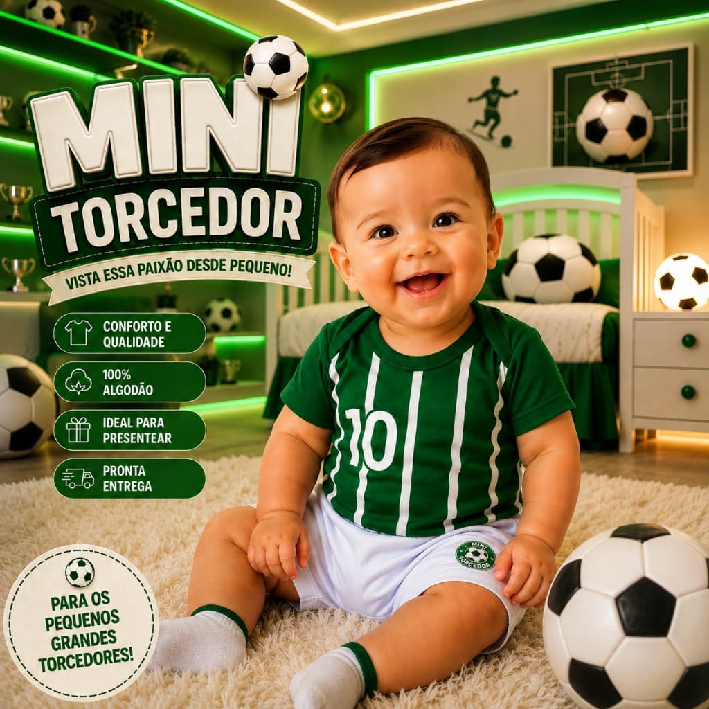 Conjunto Bebê Mini Torcedor Futebol 100% Algodão Body Shorts Infantil P ao G Verde Branco Verdão Torcida