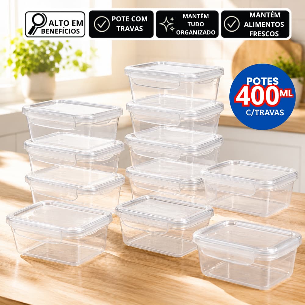 Jogo 10 Potes Marmita Fit 400ML Retangular Com Tampa Travas Jogo de Potes Livres de BPA