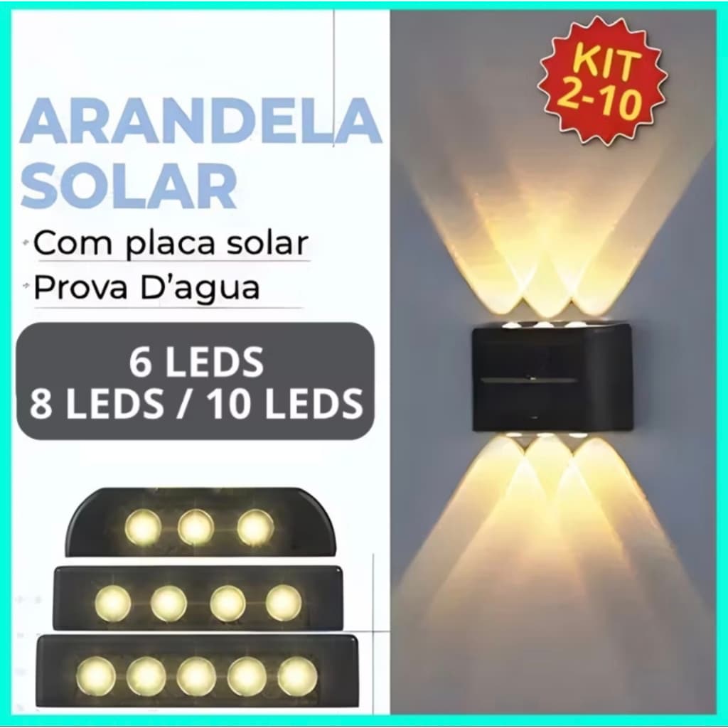 Luminária Arandela Solar LED Parede 6 8 e 10 LEDs Externa Luz Branco Quente Para Parede Prova D’Água