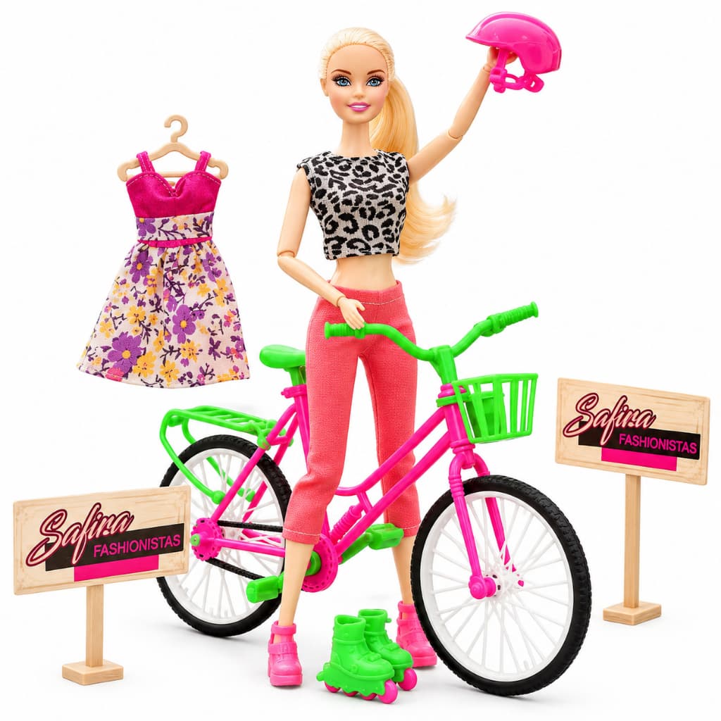 Boneca Articulada Com Bicicleta  Musical Com Som E Acessórios Brinquedo Menina