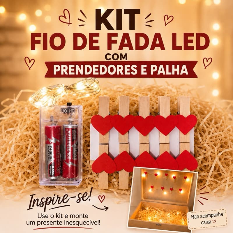 Kit Fio de Led  + Palha + 10 Prendedores – Varal Iluminado para Fotos e Ambientes