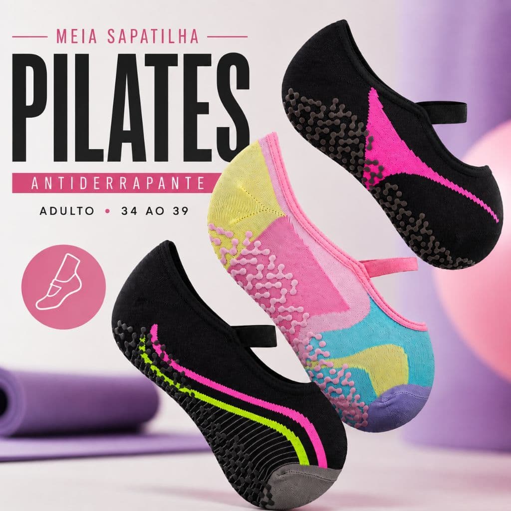 Meia Sapatilha Pilates Antiderrapante Adulto Feminina 34 ao 39 Yoga Academia