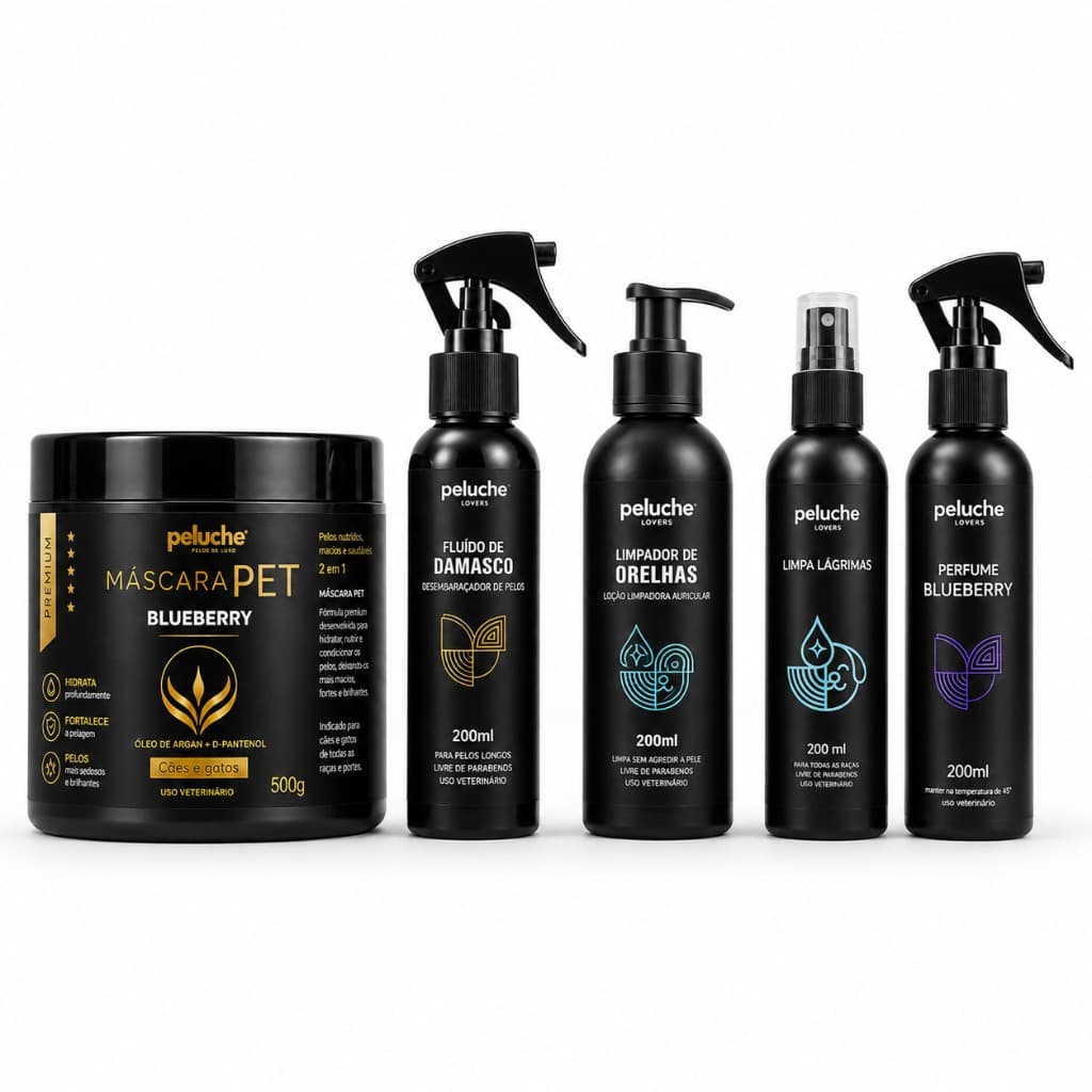 Spa para Cachorro Kit Hidratação Desembaraçador Limpa Lágrimas Perfume Blueberry Peluche Banho e Tosa