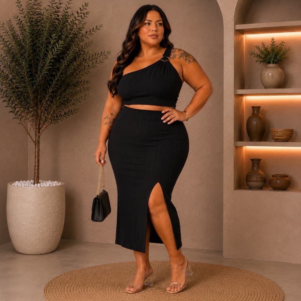 Conjunto Plus Size Feminino Cropped Assimétrico e Saia Midi com Fenda em Malha Rugão